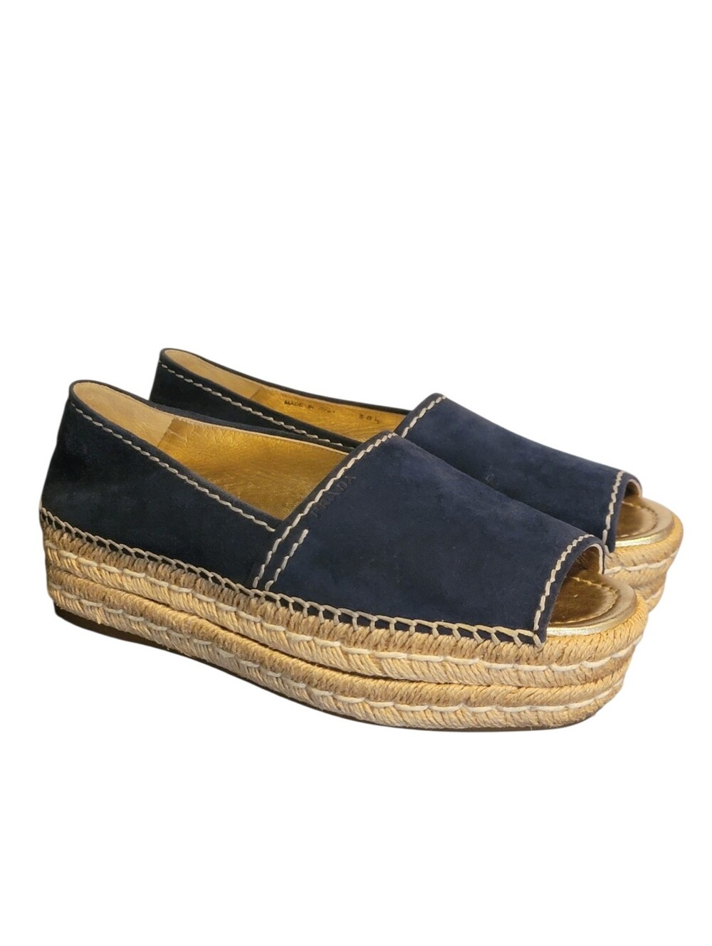 PRADA Milano Peep Toe Platform Espadrille Navy Blue Suede Size 38.5 US 8.5